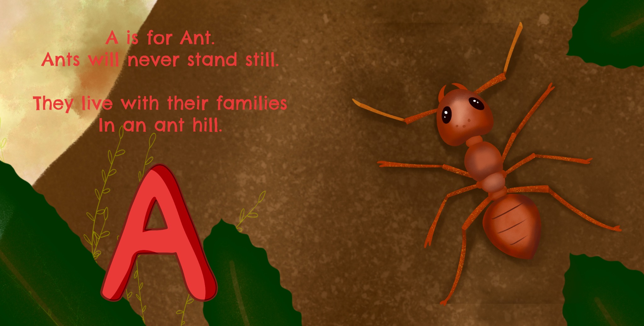 A is for Ant illustrated activity-book page