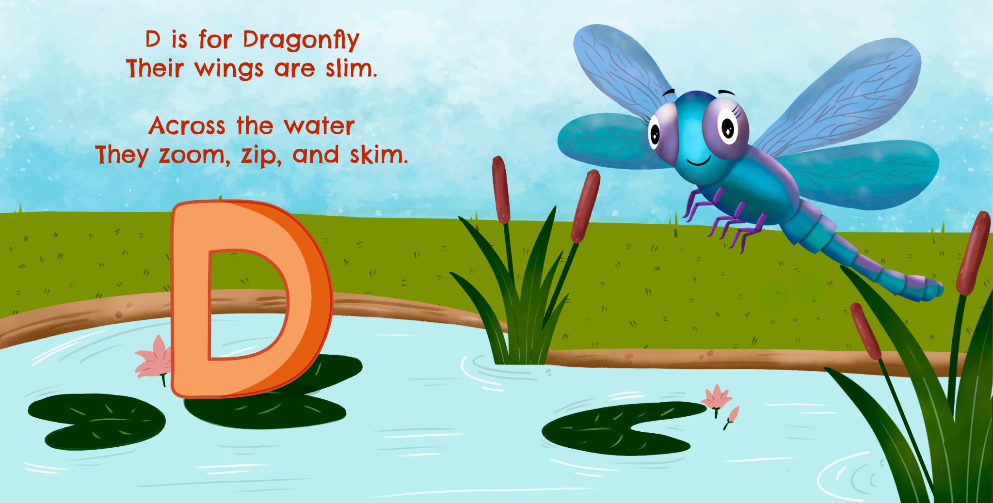 D is for Dragonfly illustrated activity-book page