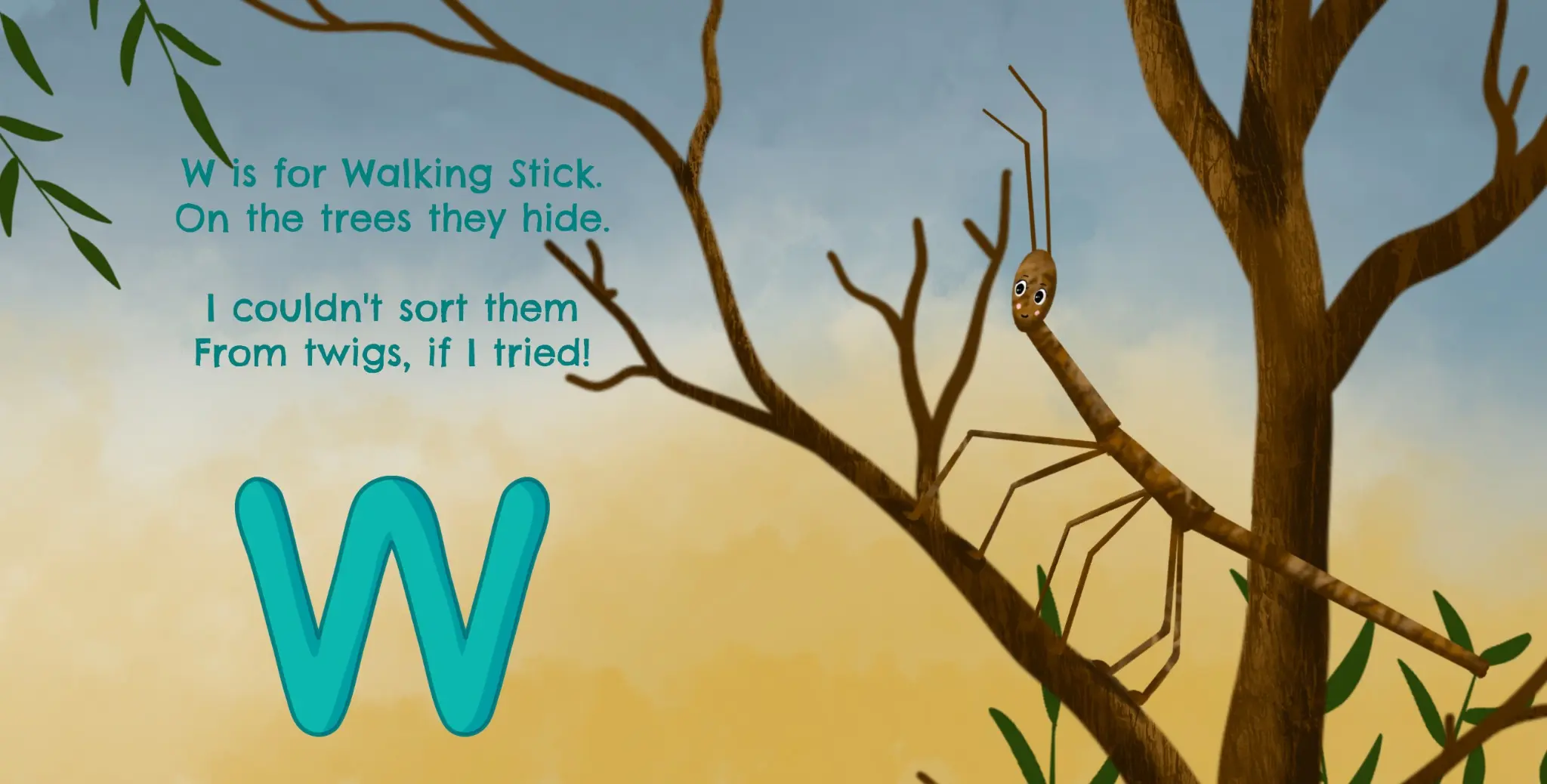 W is for Walking Stick illustrated activity-book page